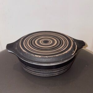 Vintage Pyrex Terra Black/Tan Striped 471 1-Pint Casserole Baking Dish w/ Cover
